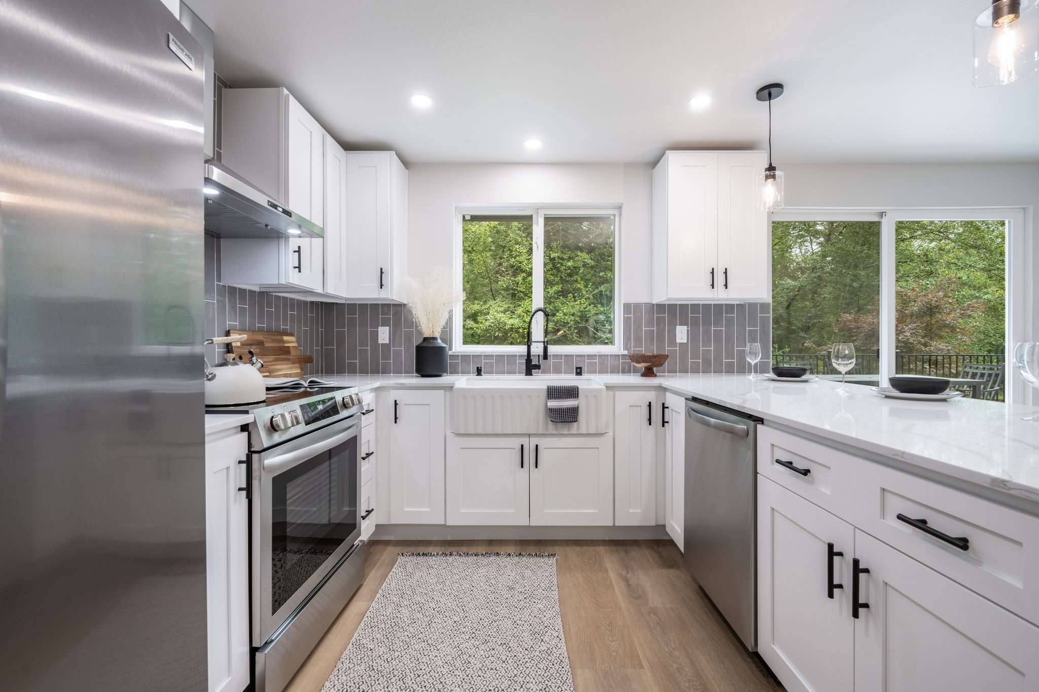 Completed kitchen and living space remodel by RF Remodel in North Bend