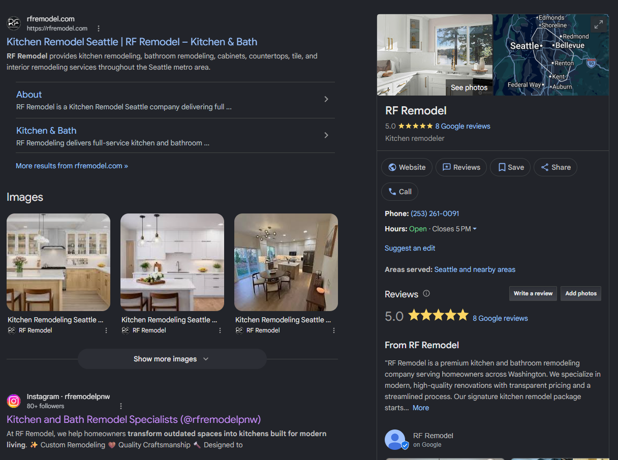 RF Remodel shown in Google search results with kitchen project photos and business profile