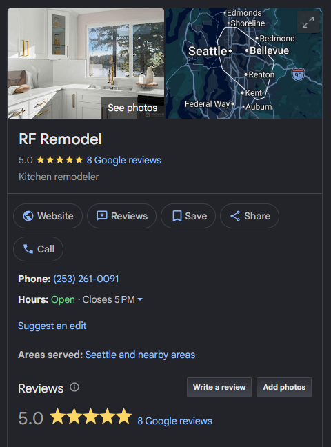 RF Remodel Google Business Profile showing 5.0 rating and Google reviews